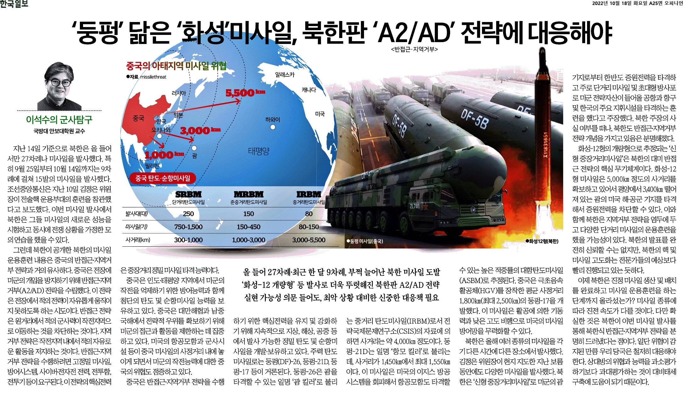 ‘둥펑’ 닮은 ‘화성’미사일, 북한판 ‘ A2AD’ 전략에 대응해야